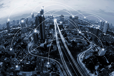 city scape connected with network lines